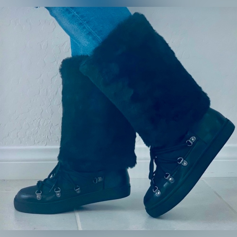๐SALE๐ธ NWOT INC Intโl Concepts SOFFY Black Faux Fur Canvas Winter Boots Sz 5